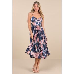 Lulus Francette Navy Floral Satin Pleated Midi Dress Blue - Size L